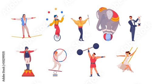 Slika na platnu Circus performers are jugglers, acrobats, elephant, magicians and clowns vector illustration
