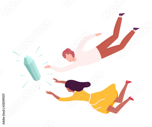 Couple Flying in the Sky, Man and Woman Floating in Imagination Dreams Flat Style Vector Illustration
