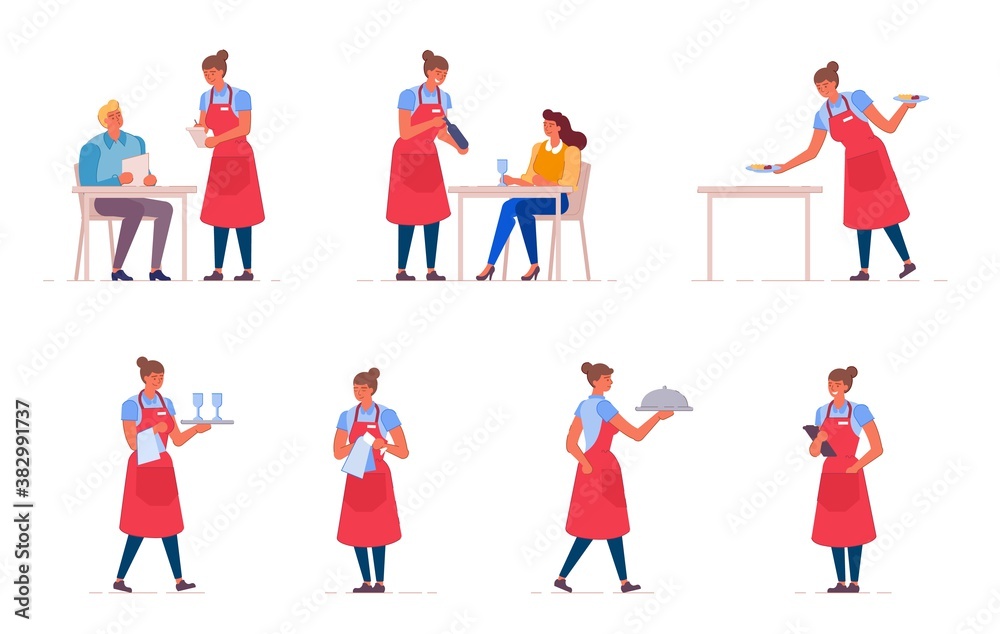 Young girl waitress at work in cafe or restaurant on white background. Staff character offers menus, accepts orders, and writes checks vector illustration.