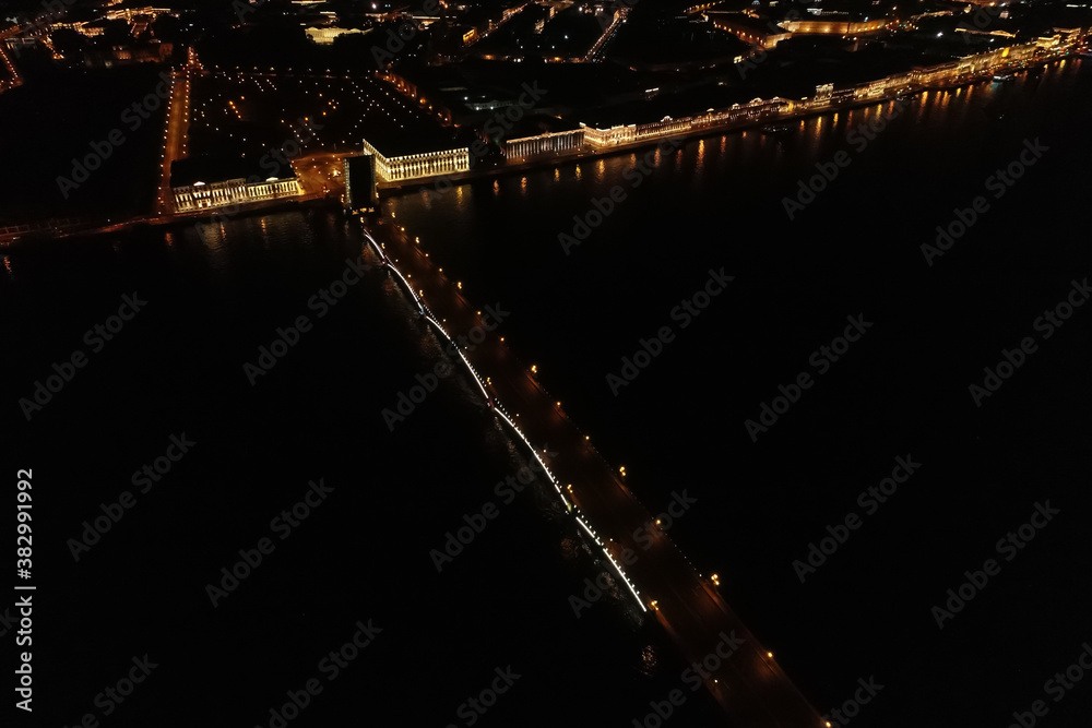 Fototapeta premium Aerial Townscape of Saint Petersburg City at Night. Troitskiy Bridge