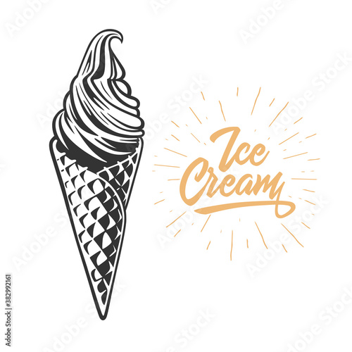 Ice cream in the waffle cone.
