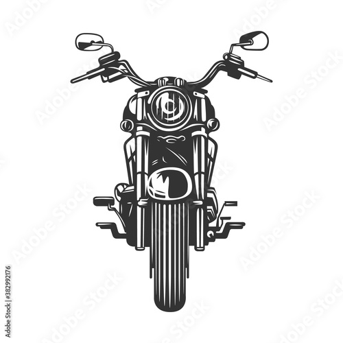 Chopper motorcycle front view isolated on white background.