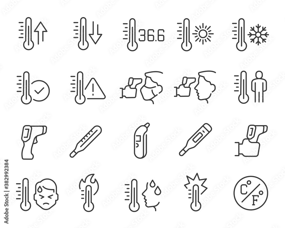 Temperature icons set. Collection of linear simple web icons such Thermometer and Pyrometer, Body Temperature Measurement, Elevated Temperature and others. Editable Vector Stroke 