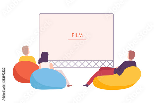 Friends Watching Movie Outdoors, Open Air Cinema, Family Picnic, Summer Vacation, Outdoor Leisure Flat Style Vector Illustration