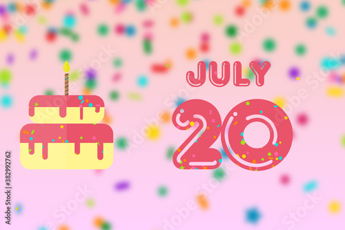 july 20th. Day 20 of month Birthday greeting card with date of birth and birthday cake. summer month  day of the year concept