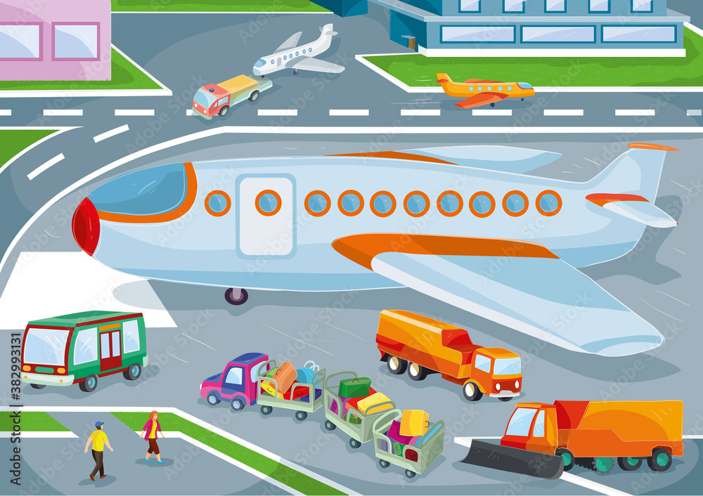 airport life illustration with planes, buses, luggage, passengers, work, vector illustration, cartoon illustration,