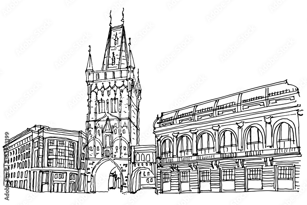 vector sketch of The Powder Tower, Prague, Czech Republic.