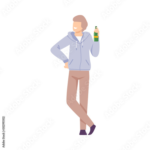 Young Man Drinking Beer at BBQ Party or Picnic, Summer Vacation, Outdoor Leisure Flat Style Vector Illustration