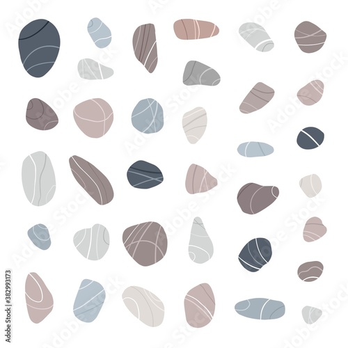 Flat sea stones collection. Pebbles of different shapes and colors set