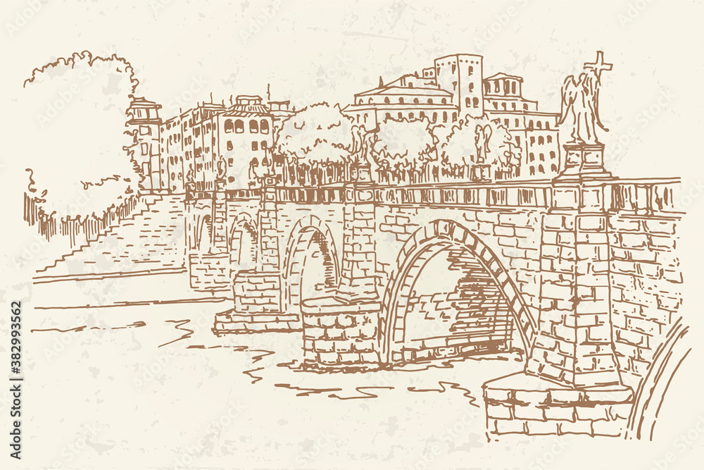 vector sketch of Sant' Angelo Bridge. Rome. Italy.