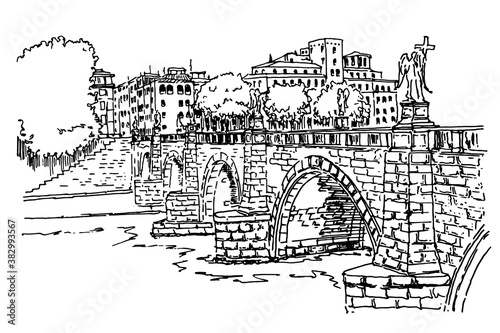 vector sketch of Sant' Angelo Bridge. Rome. Italy.