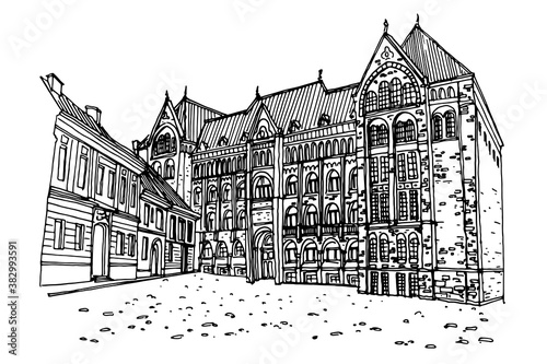 Photography Vector sketch of National Archives of Hungary, Budapest