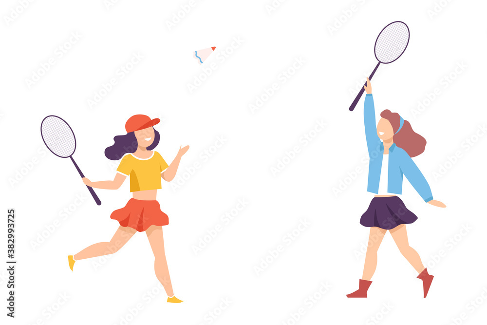 Two Girls Playing Badminton or Tennis, Outdoor Leisure Flat Style Vector Illustration Two Girls Playing Badminton or Tennis, Outdoor Leisure Flat Style Vector Illustration