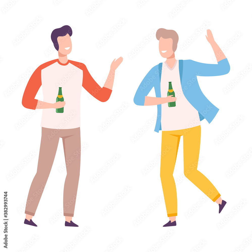 Two Young Men Drinking Beer at BBQ Party or Picnic, Summer Vacation, Outdoor Leisure Flat Style Vector Illustration Two Young Men Drinking Beer at BBQ Party or Picnic, Summer Vacation, Outdoor Leisure Flat Style Vector Illustration