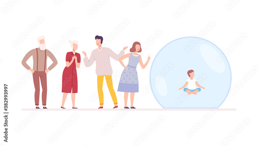 Little Boy Meditating in Transparent Protective Bubble, Parents and Grandparents Trying to Reach Him, Separation from Society Concept Flat Style Vector Illustration