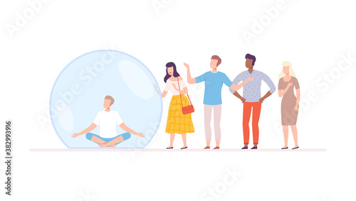 Young Man Meditating in Transparent Protective Bubble, Separation from Society or Solitude Concept Flat Style Vector Illustration