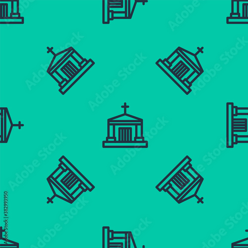 Blue line Old crypt icon isolated seamless pattern on green background. Cemetery symbol. Ossuary or crypt for burial of deceased. Vector.