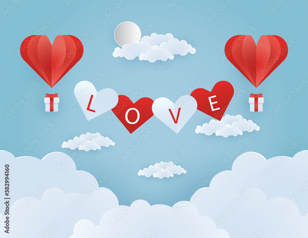 Origami made hot air balloon flying on the sky with heart float on the sky, illustration of love and valentine day, vector paper art and craft style illustration.