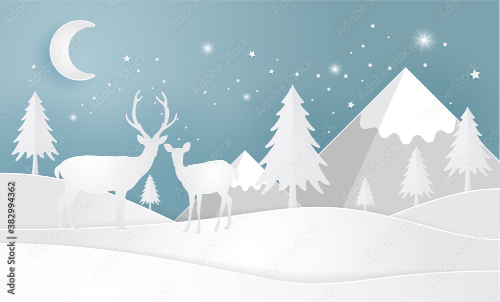 Deer in forest with snow, vector paper art and craft style illustration.