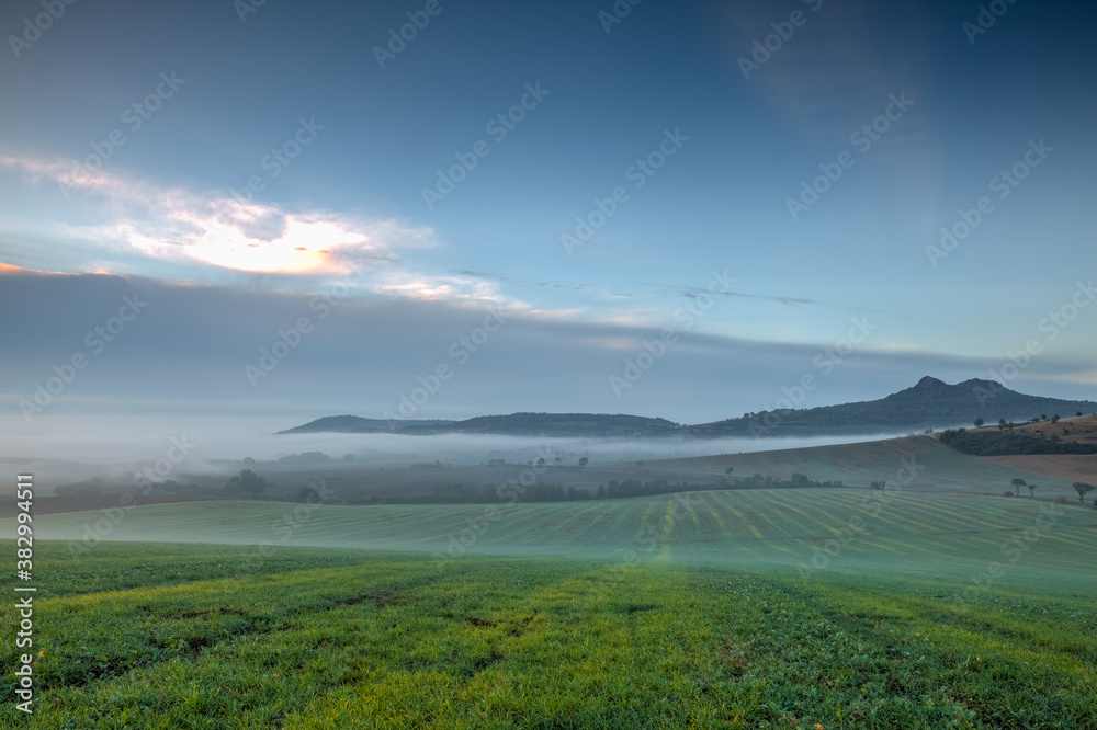 Landscape covered with fog in Central Bohemian Uplands, Czech Republic.