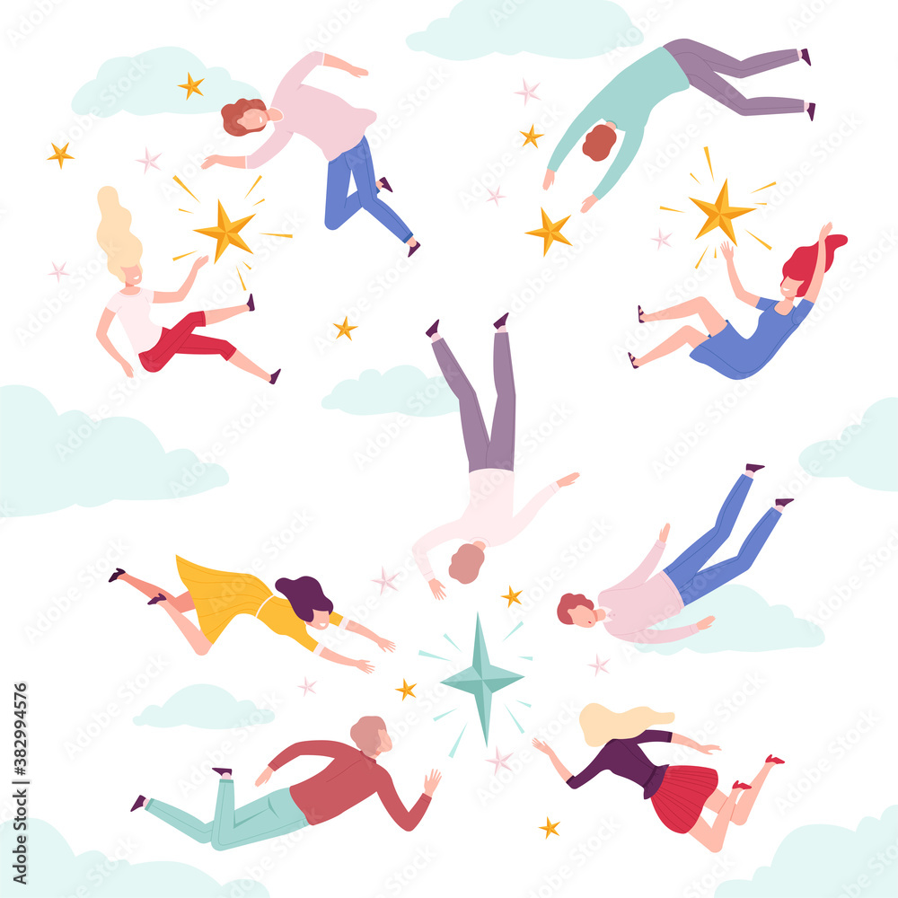 People Flying in the Sky to Stars Set, Men and Women Floating in Imagination Dreams Flat Style Vector Illustration People Flying in the Sky to Stars Set, Men and Women Floating in Imagination Dreams Flat Style Vector Illustration