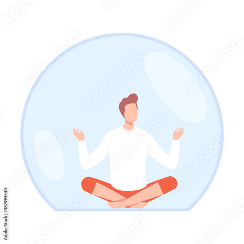 Young Man Meditating Inside Transparent Protective Bubble Flat Style Vector Illustration