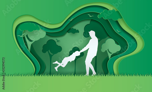 Origami made hot air balloon flying on the sky with heart float on the sky, illustration of love and valentine day, vector paper art and craft style illustration.