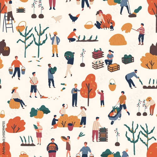Seamless pattern with people pick autumn harvest at farms. Woman and man character work together at garden. Endless background with gardeners. Flat vector cartoon illustration of harvesting farmers