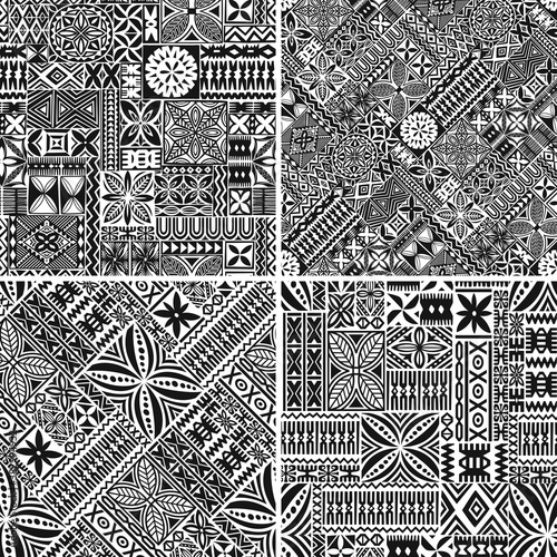 Hawaiian style tapa cloth motifs tribal fabric vintage vector seamless pattern collection photo
