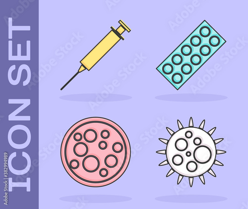 Set Virus, Syringe, Virus and Pills in blister pack icon. Vector.