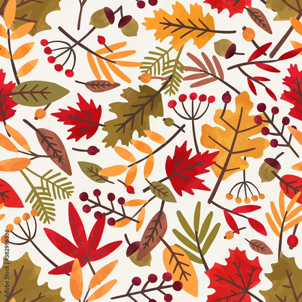 Seamless pattern with autumn leaves and berries. Colorful repeatable backdrop with oak, rowan and maple leaves and acorns for wrapping paper. Flat vector cartoon illustration of bright fall foliage
