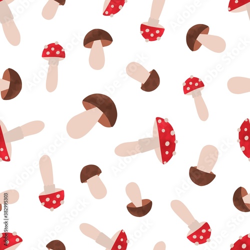 Seamless pattern with poisonous and edible mushrooms. Repeatable background with fly agaric and boletus. Colorful natural autumn backdrop. Flat vector cartoon illustration