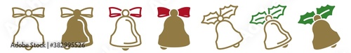 Christmas Bell Icon Gold Red Green | Bow Holly Bells Illustration | Jingle Symbol | Ribbon Handbell Logo | Xmas Sign | Isolated | Variations