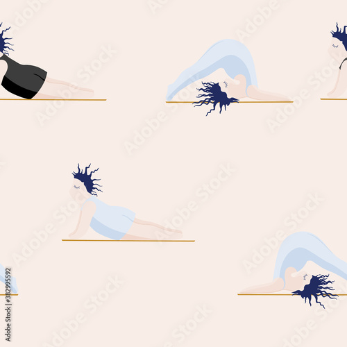 Girls Doing Yoga. Seamless Pattern Woman Pose Yoga