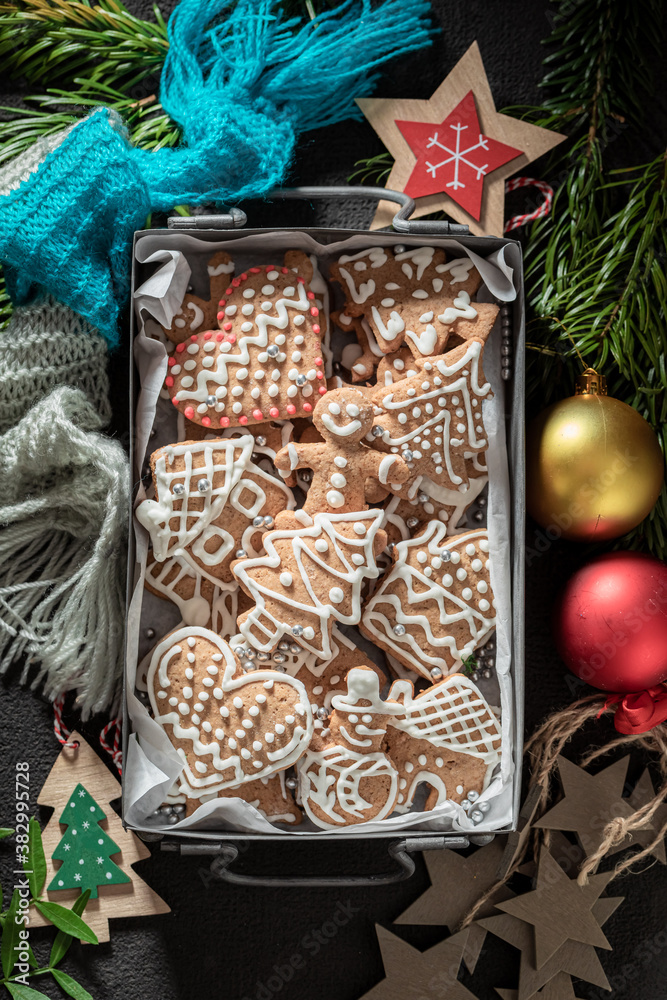 Delicious cookies for Christmas in a small metal  box
