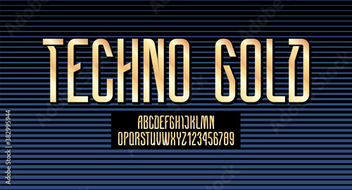 Technical high font, golden condensed alphabet, letters and numerals, vector illustration 10EPS