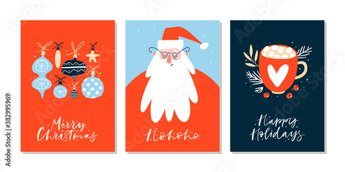 Christmas greeting cards or tags with lettering and hand drawn design elements. Postcard or invitation template. 