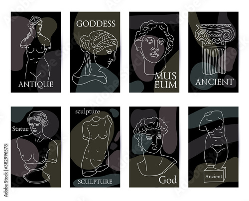 Ancient Greece and Rome set of 8 black cards tradition and culture vector seamless pattern. The linear trend of the ancient, Ancient Greece and Ancient Rome.