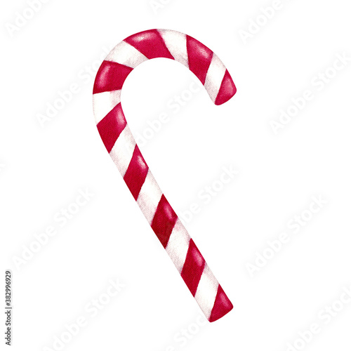 Candy cane with white and red stripes. Traditional Christmas sweet. Hand painted isolated watercolor illustration on white background