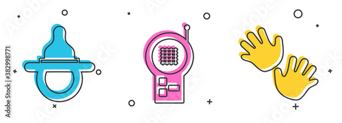 Set Baby dummy pacifier, Baby Monitor Walkie Talkie and Baby hands print icon. Vector.
