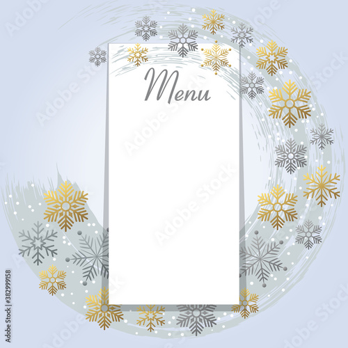 Modèle pour un menu de fêtes dans des couleurs pastels, décorée d’un tourbillon de flocons de neige. 