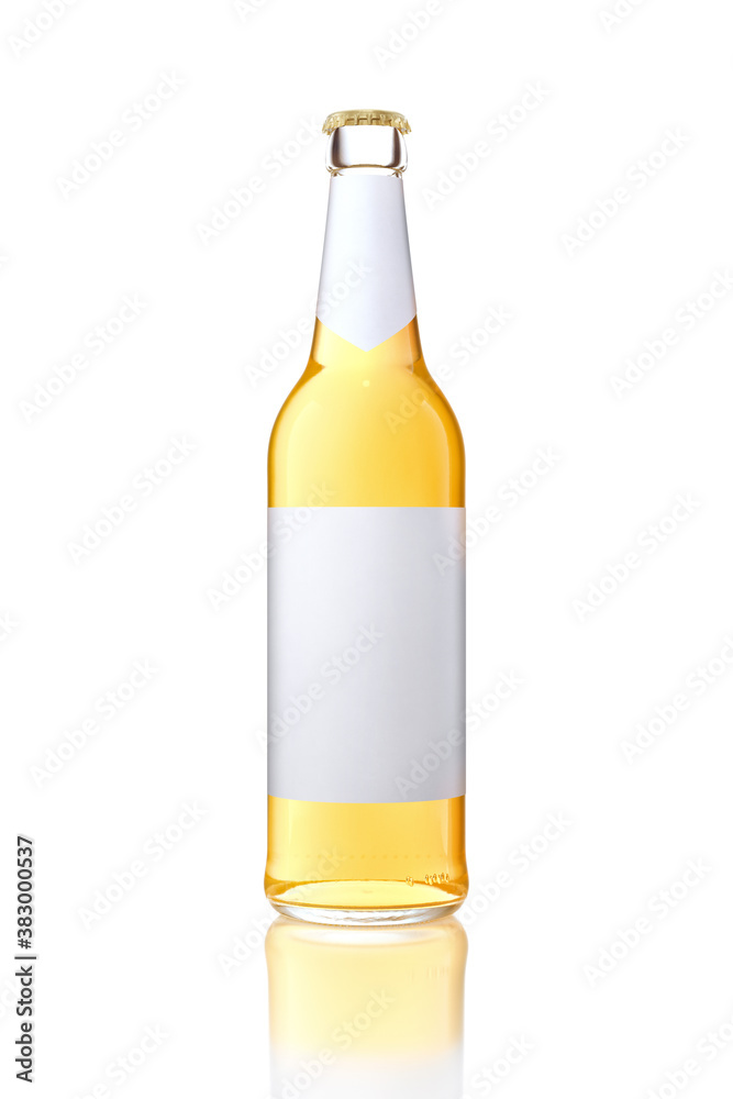Single transparent glass bottle with blank white label. Single transparent glass bottle with blank white label.