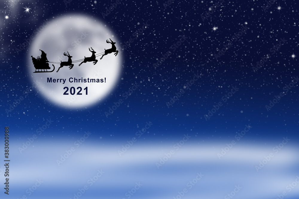 Fototapeta premium Christmas card with santa claus, reindeer, sleigh, gift and christmas tree on the background of the big moon in the night moonlight, stars and snow. Illustration.Copy space for text