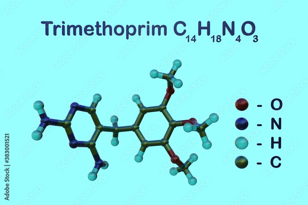 Structural chemical formula and molecular model of trimethoprim, an