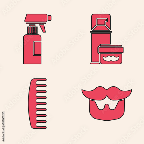 Set Mustache and beard, Hairdresser pistol spray bottle, Shaving gel foam and Hairbrush icon. Vector.