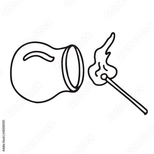 Alternative medicine cupping treatment. Doodle sketch hand drawn vector  illustration of a medical cup or jar and fire on white background. Isolated outline.