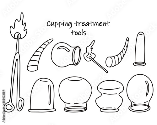 Set of tools for cupping treatment. Alternative medicine. Doodle sketch hand drawn vector  illustration of a medical cups or jars, fire, horns, forceps on white background. Isolated outline.