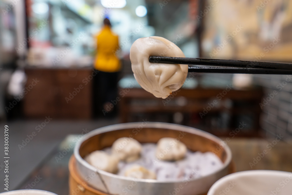 Soup dumplings in bamboo cages, a traditional snack in Nanjing, China