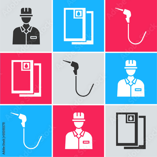 Set Oilman, Barrel oil and Gasoline pump nozzle icon. Vector.