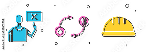 Set Nature saving protest, Oil exchange and Worker safety helmet icon. Vector.
